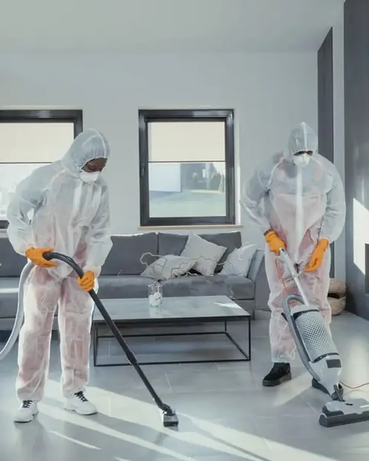 Equipo de fin de obra limpiando una villa de lujo antes de la entrega